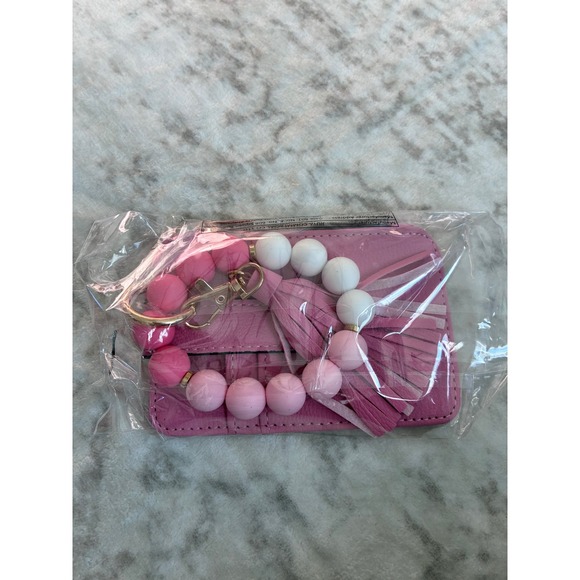 Amazon Accessories - NEW Pink Card Holder Wallet with Silicone‎ Bead Wristlet Keychain Tassel Set New